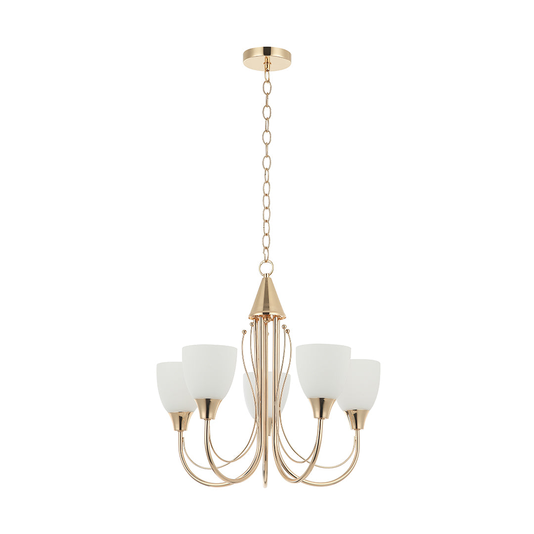 Elegant 5-Light Golden Chandelier with White Glass Shades – Tronic