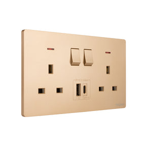 Gold - Twin Switch Socket with USB + Type C