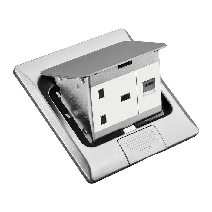 Stainless Steel Access Floor Socket – 13A Socket + RJ45, Pop-Up Type