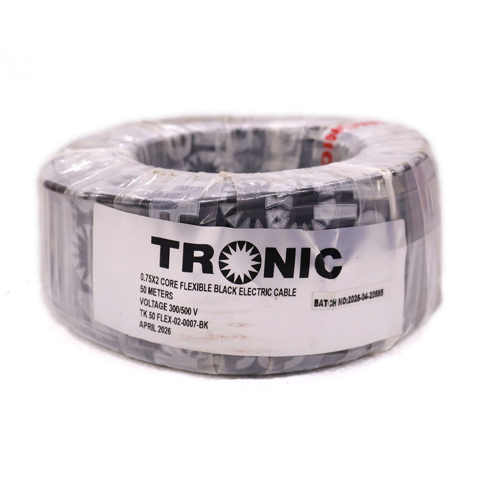 0.75mm² 2-Core PVC Insulated Flexible Electrical Cable – 50M Black Roll
