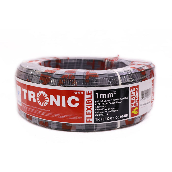 1mm² 2-Core Flexible Electrical Cable – 90m Roll, Black