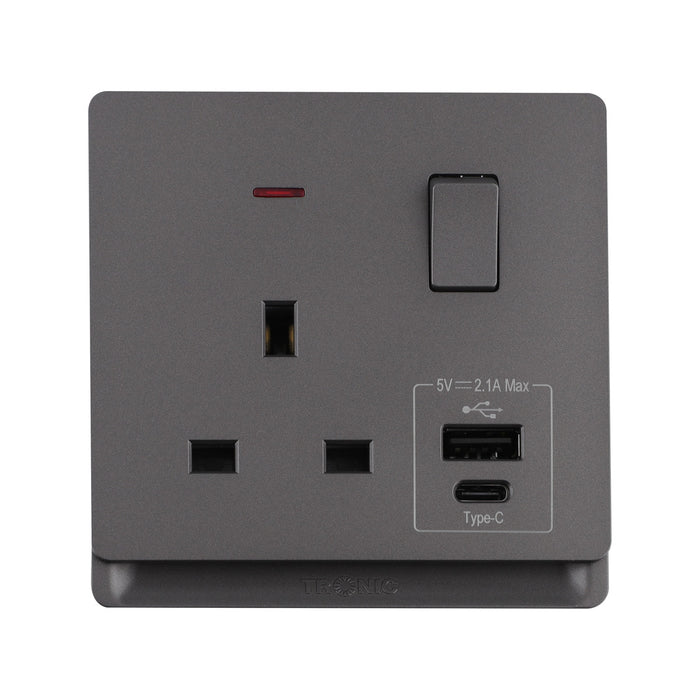 13A Single Socket with USB & Type-C – Grey