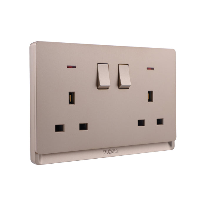 Gold 2-Gang Switched Socket with Neon – Single Pole