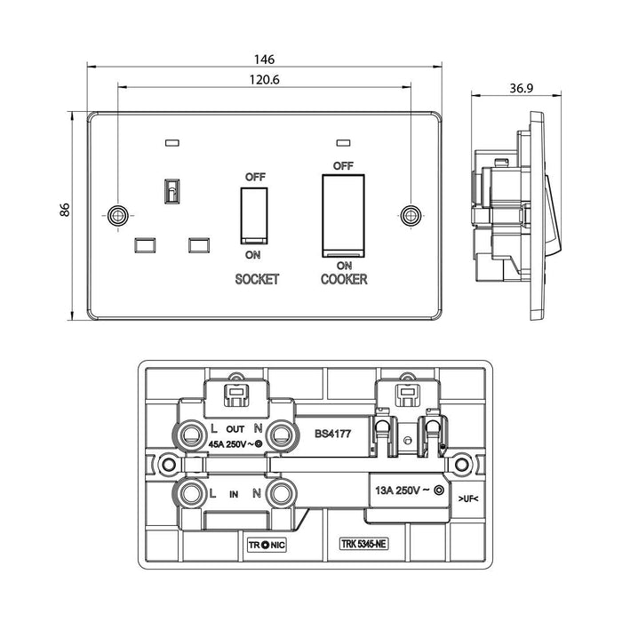 45A Cooker Control Unit with Switched Socket & Neon