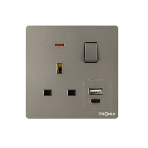 Grey - Single Switch Socket with USB + Type C