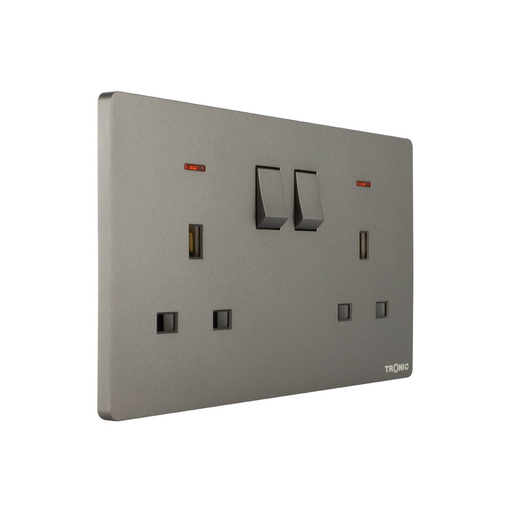 Grey - Twin Switch Socket with Neon