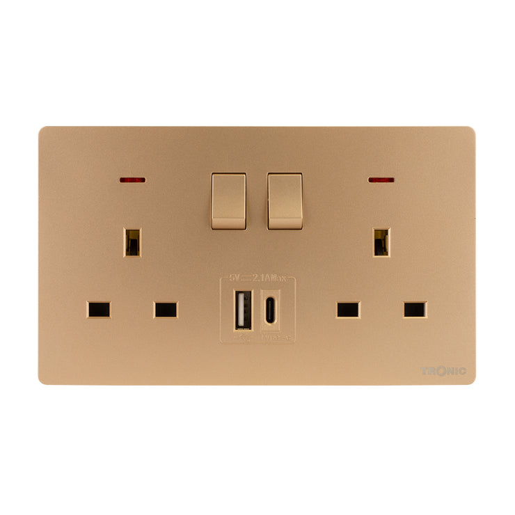 Gold - Twin Switch Socket with USB + Type C