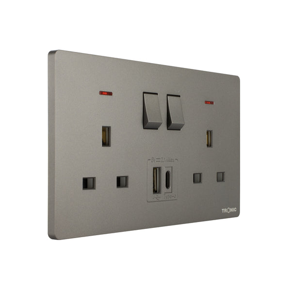 Grey - Twin Switch Socket with USB + Type C