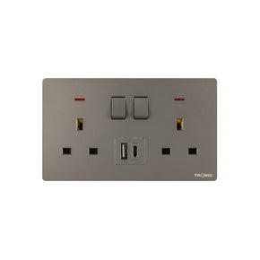 Grey - Twin Switch Socket with USB + Type C