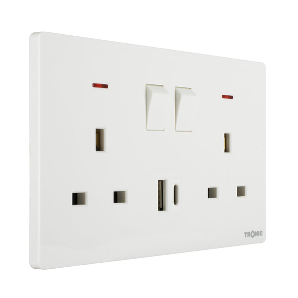 Glossy White - Twin Switch Socket with USB + Type C