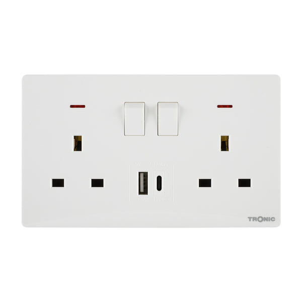 Glossy White - Twin Switch Socket with USB + Type C