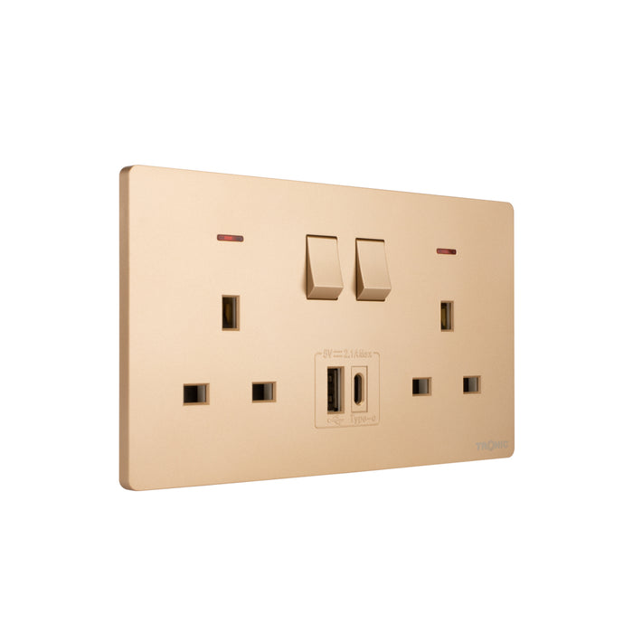 Gold - Twin Switch Socket with USB + Type C